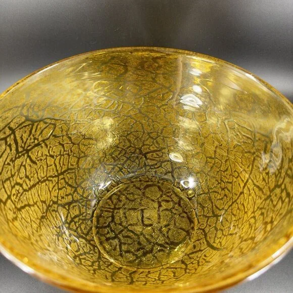 Studio Art Glass Large Bowl Dish Yellow Lava Texture HandBlown Glass Centerpiece